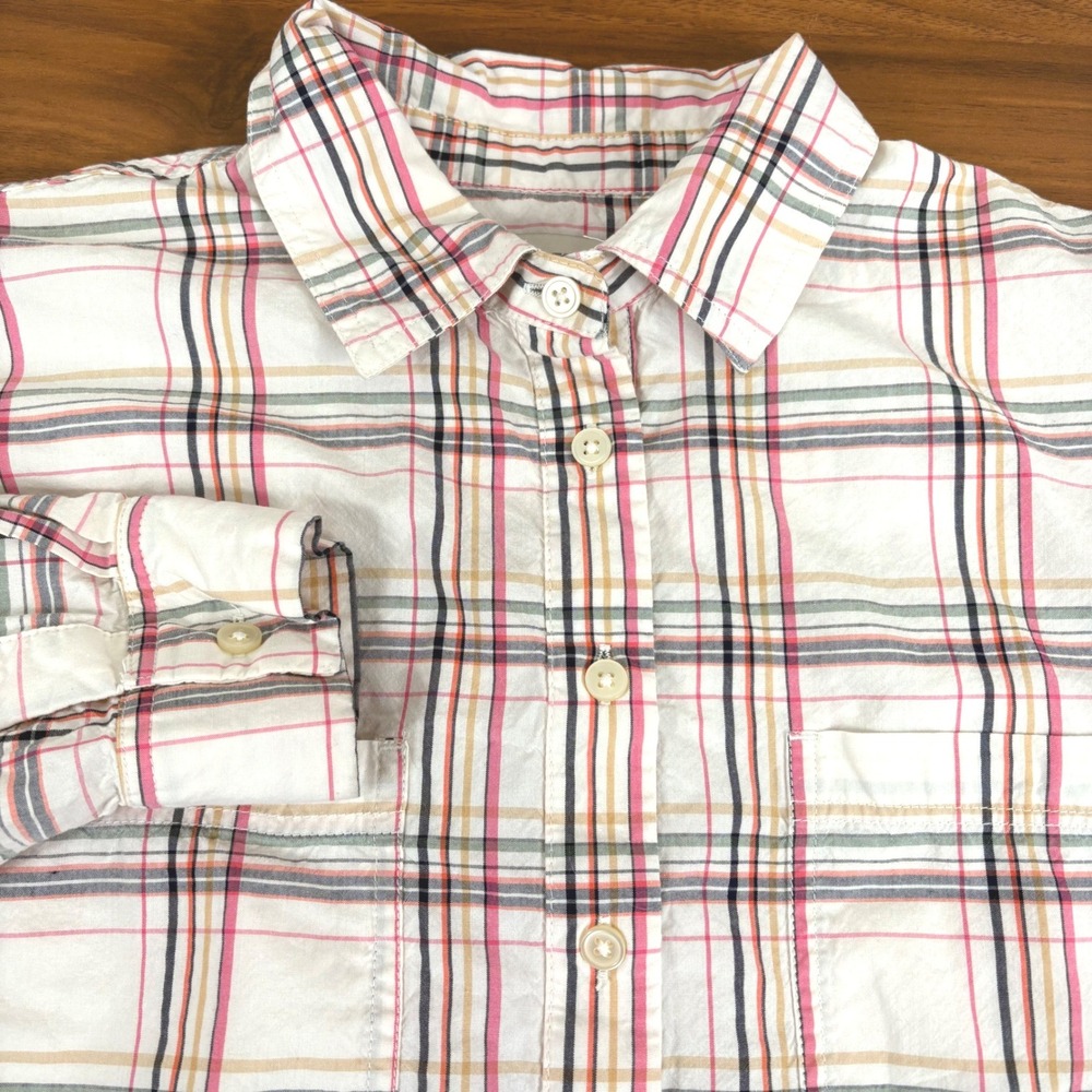 LOFT Womens Plaid Button Down Shirt‎ Long Sleeve White Pink Blue Cotton Modal S